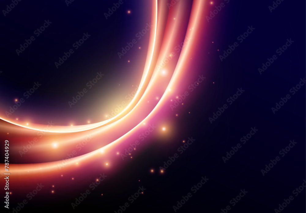 Poster abstract neon glowing line in motion with light sparkles and flares. futuristic background, with neo