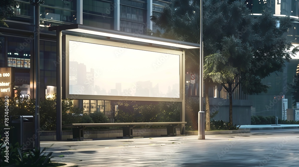 Aufkleber side view of blank white horizontal billboard at bus stop commercial concept mock up : generative ai