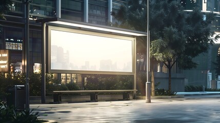 Side view of blank white horizontal billboard at bus stop Commercial concept Mock up : Generative AI