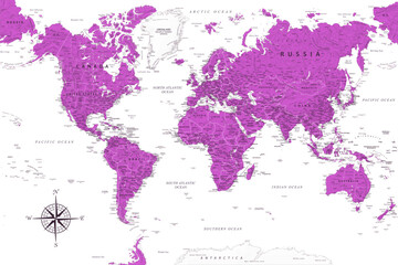 World Map - Highly Detailed Vector Map of the World. Ideally for the Print Posters. Amethyst Lilac Purple Colors. Relief Topographic - obrazy, fototapety, plakaty