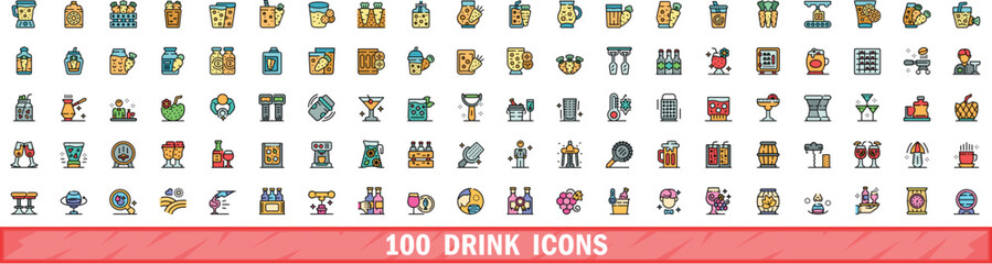 100 drink icons set. Color line set of drink vector icons thin line color flat on white