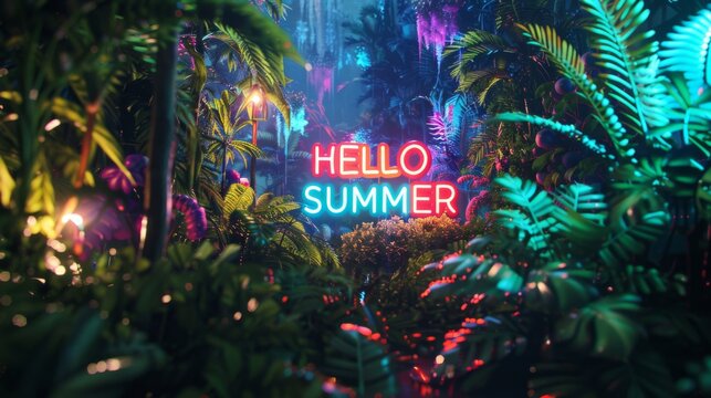 Tropical Paradise with Neon "Hello Summer" Sign Amidst Lush Foliage