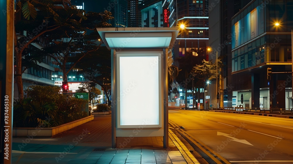 Poster vertical blank billboard ad mock up at a bus stop in the central business district of singapore : ge