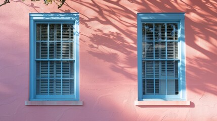 Fototapeta na wymiar Tranquil Afternoon Shadows on a Pastel-Colored Wall with Blue Window Shutters