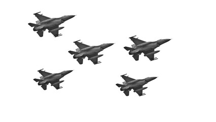 F-16 military fighters in formation on transparent background