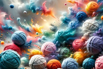 fluffy multi-colored balls of wool for knitting