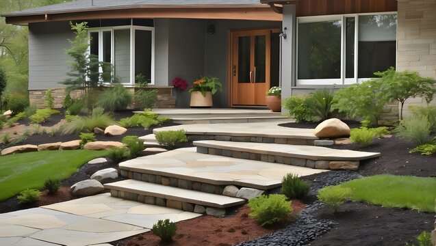 This mid-century modern landscape receives a lovely, new landscaping upgrade with tumbling paver landing, natural stone steps, and flagstone applied to the original concrete veranda.
