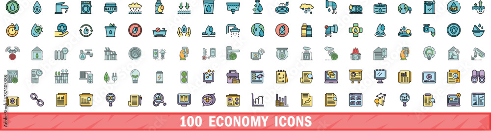 Poster 100 economy icons set. Color line set of economy vector icons thin line color flat on white - Posters