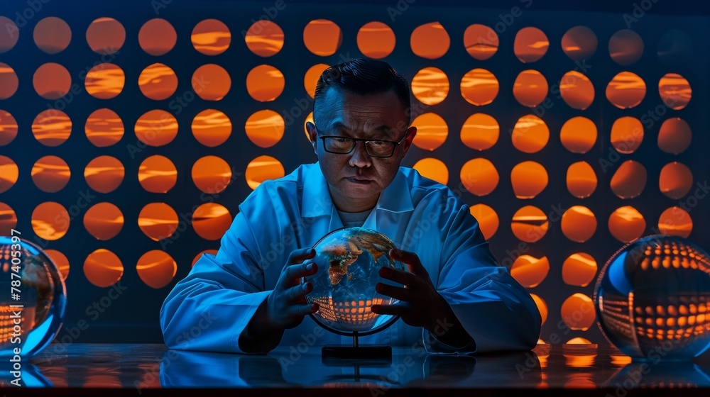 Aufkleber asian male scientist analyzing climate change using vr technology in a modern laboratory