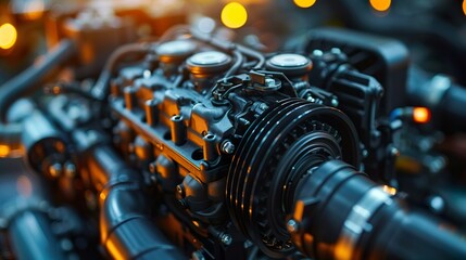 Fototapeta premium Engine, motor, combustion, power, pistons, cylinders, crankshaft, camshaft, horsepower, torque, fuel, ignition, spark plugs, fuel injection, carburetor, intake, exhaust, turbocharger, supercharger