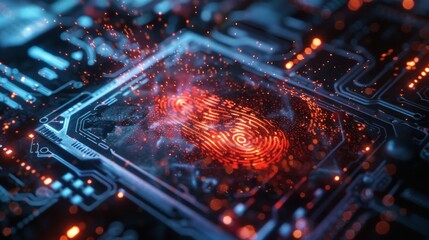 A fingerprint scanner malfunctioning with sparks flying out, representing a compromised biometric security system. - obrazy, fototapety, plakaty