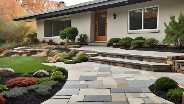 This mid-century modern landscape receives a lovely, new landscaping upgrade with tumbling paver landing, natural stone steps, and flagstone applied to the original concrete veranda.