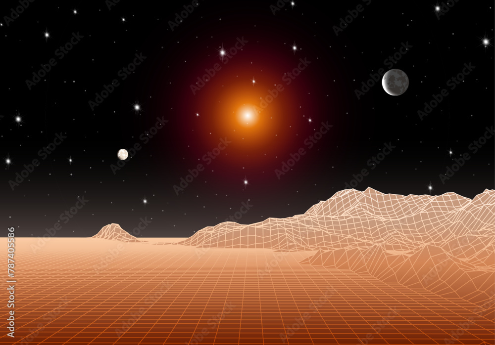 Poster Retro futuristic landscape with mountains and sun in deep space. 80s styled synthwve landscape with sunrise over alien planet.
