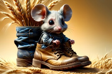 cute mouse in an old shoe among the ears of wheat - obrazy, fototapety, plakaty