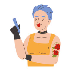 Tattoo master Woman with tattoo and instrument
