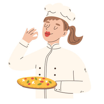 Cook Woman in uniform holding pizza