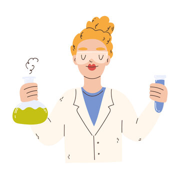 Chemist Woman with laboratory flasks