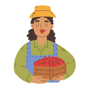 Farmer Woman with Box of Apples
