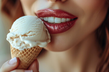 Cute girl is eating white melting ice cream in waffle cone. Sweet treat, pleasure of eating. Close-up on beautiful red lips. - obrazy, fototapety, plakaty