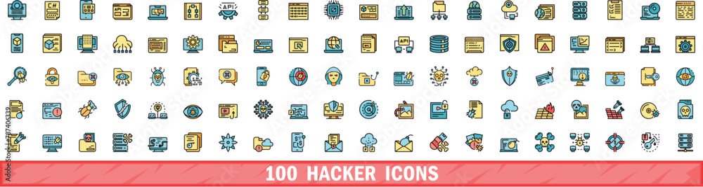 Poster 100 hacker icons set. color line set of hacker vector icons thin line color flat on white