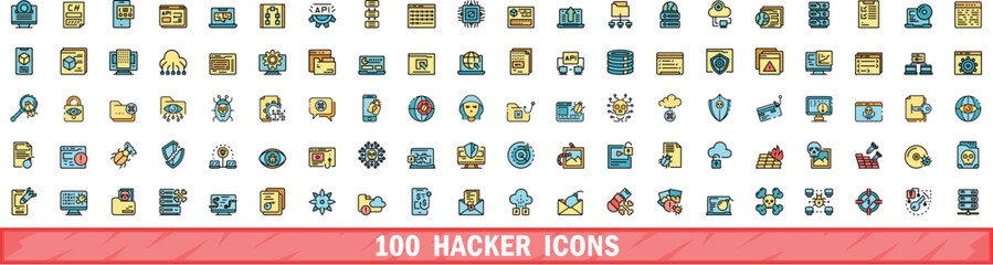 100 hacker icons set. Color line set of hacker vector icons thin line color flat on white - obrazy, fototapety, plakaty