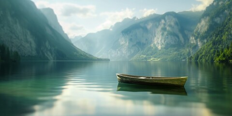 A tranquil scene of a wooden boat floating on a calm lake with majestic mountains in the background, evoking a sense of peaceful solitude - obrazy, fototapety, plakaty