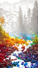 Eco-Surreal Contrast of Vibrant Urban Debris and Pristine Forest