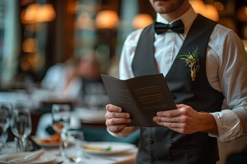 Elegant waiter reads from a black menu - obrazy, fototapety, plakaty