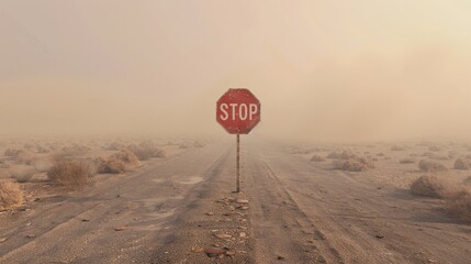A red stop sign almost obscured by a dust storm, creating a sense of urgency and danger. 