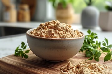 Bowl of maca powder on a cutting board, with green herbs and a modern kitchen backdrop