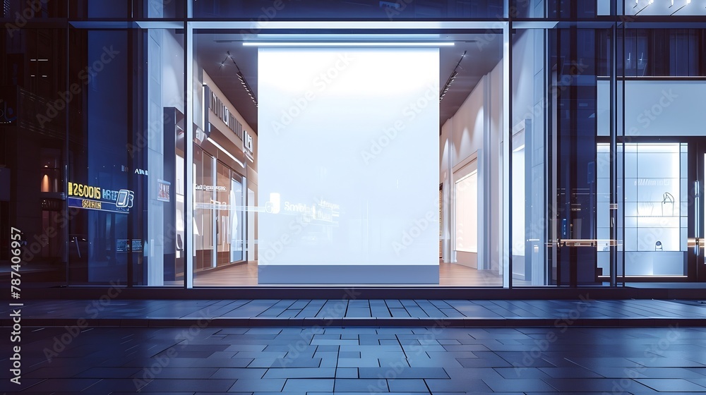 Poster Mock up of store blank street showcase window in a city at night Front view : Generative AI
