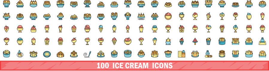100 ice cream icons set. Color line set of ice cream vector icons thin line color flat on white - obrazy, fototapety, plakaty
