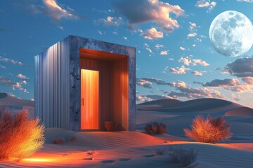 Tranquil Night Sauna: Wellness Oasis Amidst Red Desert Dunes Under Moonlight
