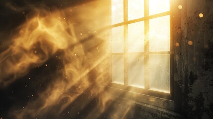 A sunbeam streaming through a dusty window, illuminating the swirling particles and emphasizing the poor air quality. 
