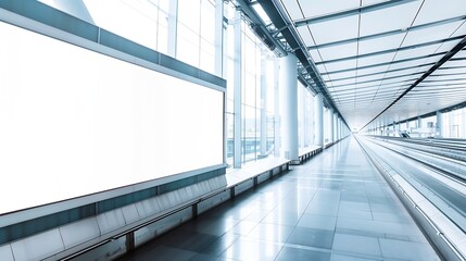 An empty billboard mockup next to a travelator in a modern airport arrival area a white blank poster template indoors of a terminal of public transport building or shopping mall near a : Generative AI