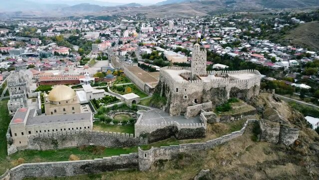 Aerial view of Rabati Castle, Georgia - historical fortress, popular tourist landmark, shot by drone