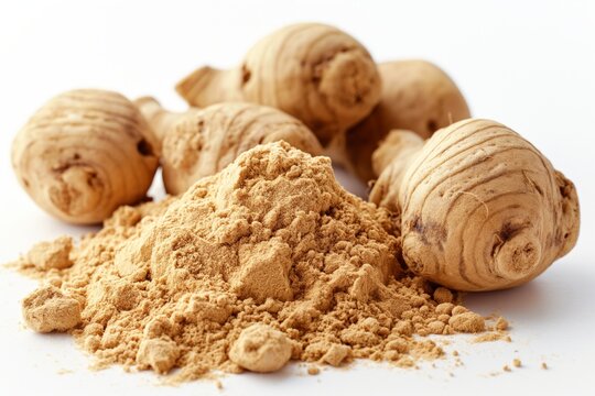 A heap of finely maca powder against a stark white background