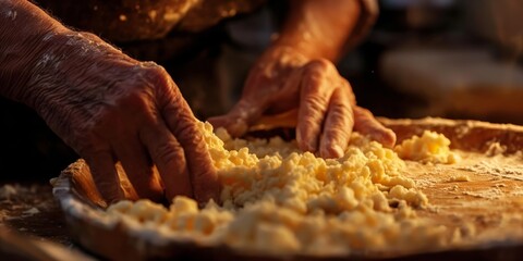 Close-up shot of senior's hands skillfully scattering cheese curds on a wooden surface for traditional cheesemaking - obrazy, fototapety, plakaty