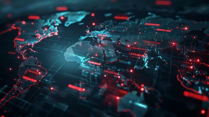 A world map with highlighted locations under cyber attack warnings, depicting the global nature of cyber threats. 