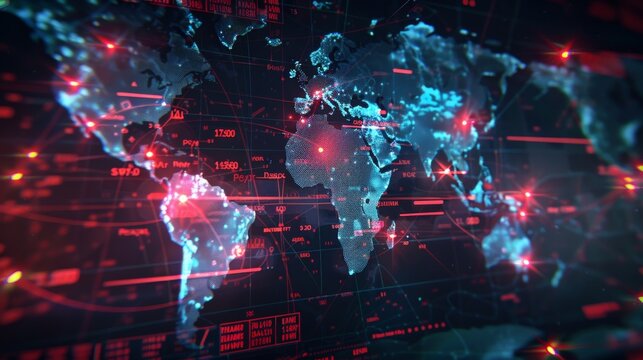 A world map with highlighted locations under cyber attack warnings, depicting the global nature of cyber threats. 