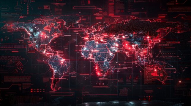 A world map with highlighted locations under cyber attack warnings, depicting the global nature of cyber threats. 