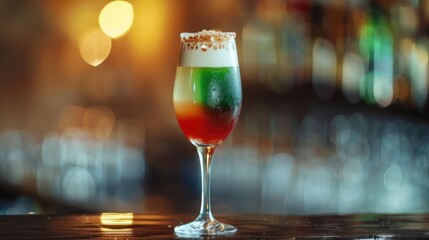 horizontal banner, Republic Day in Italy, alcoholic cocktails with ice, bokeh effect, colors of the flag of Italy, dark background