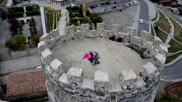 Aerial view of Rabati Castle, Georgia - historical fortress, popular tourist landmark, shot by drone