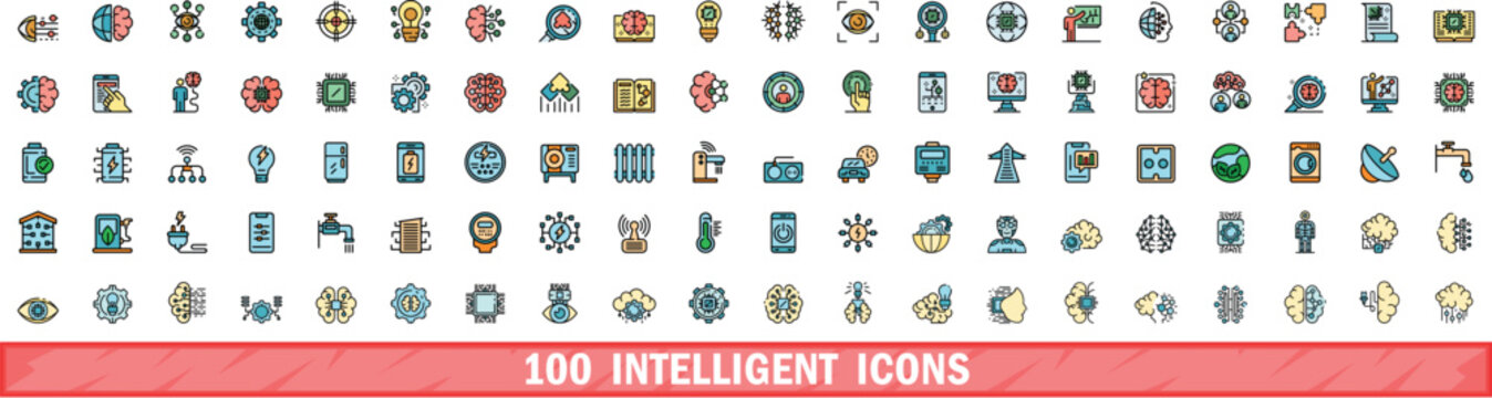 100 intelligent icons set. Color line set of intelligent vector icons thin line color flat on white