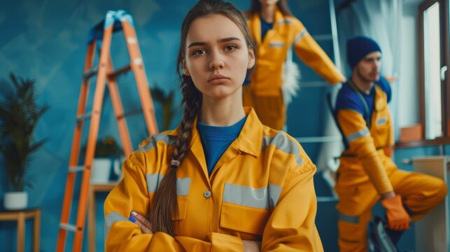 Serious young female worker in yellow and blue uniform with arms crossed