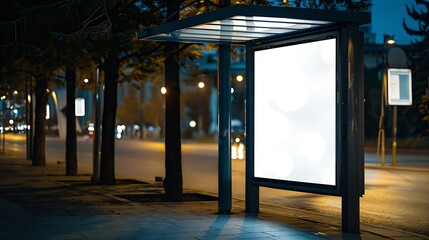 glass bus shelter at busstop blank white lightbox sign aluminum structure urban setting city street...