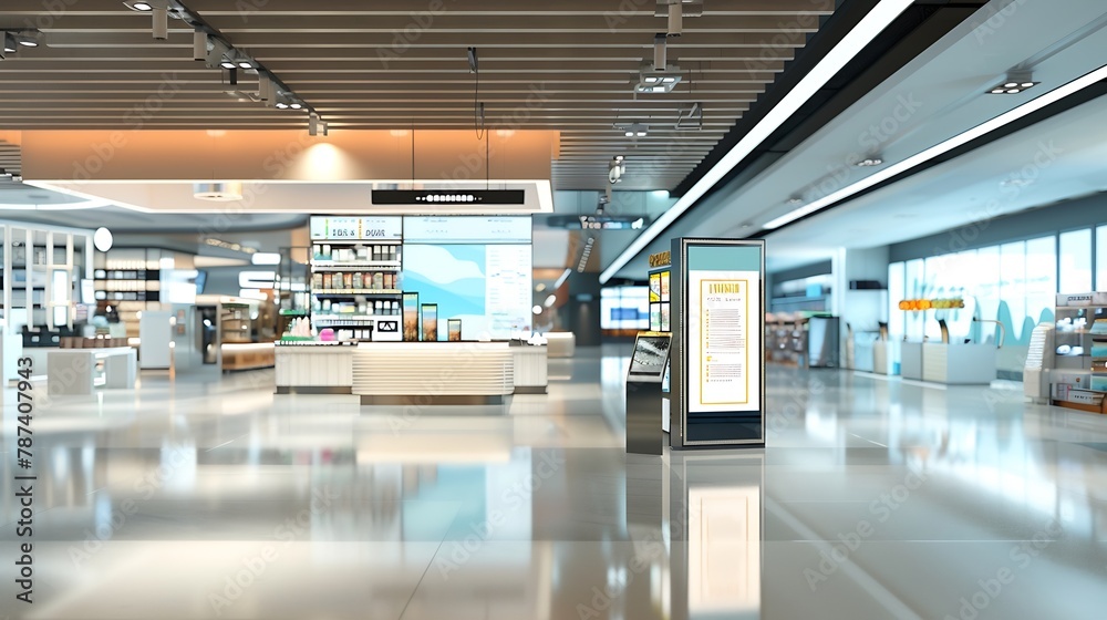 Aufkleber sign and billboard mockup at duty free shop in departure terminal to promote your business or organi