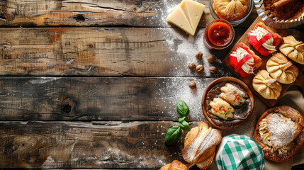 horizontal banner, celebration of Republic Day in Italy, national Italian cuisine, traditional Italian desserts, homemade pastries, wooden background, copy space, free space for text - Powered by Adobe