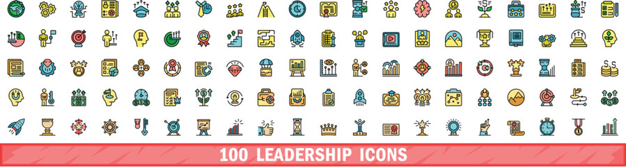 100 leadership icons set. Color line set of leadership vector icons thin line color flat on white