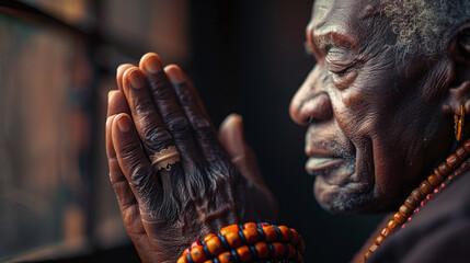 Close up of an Afro American man with hands folded in prayer